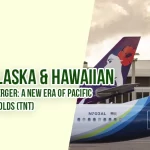 Alaska Airlines and Hawaiian Airlines aircraft side by side at the airport, representing their merger and new era of Pacific travel